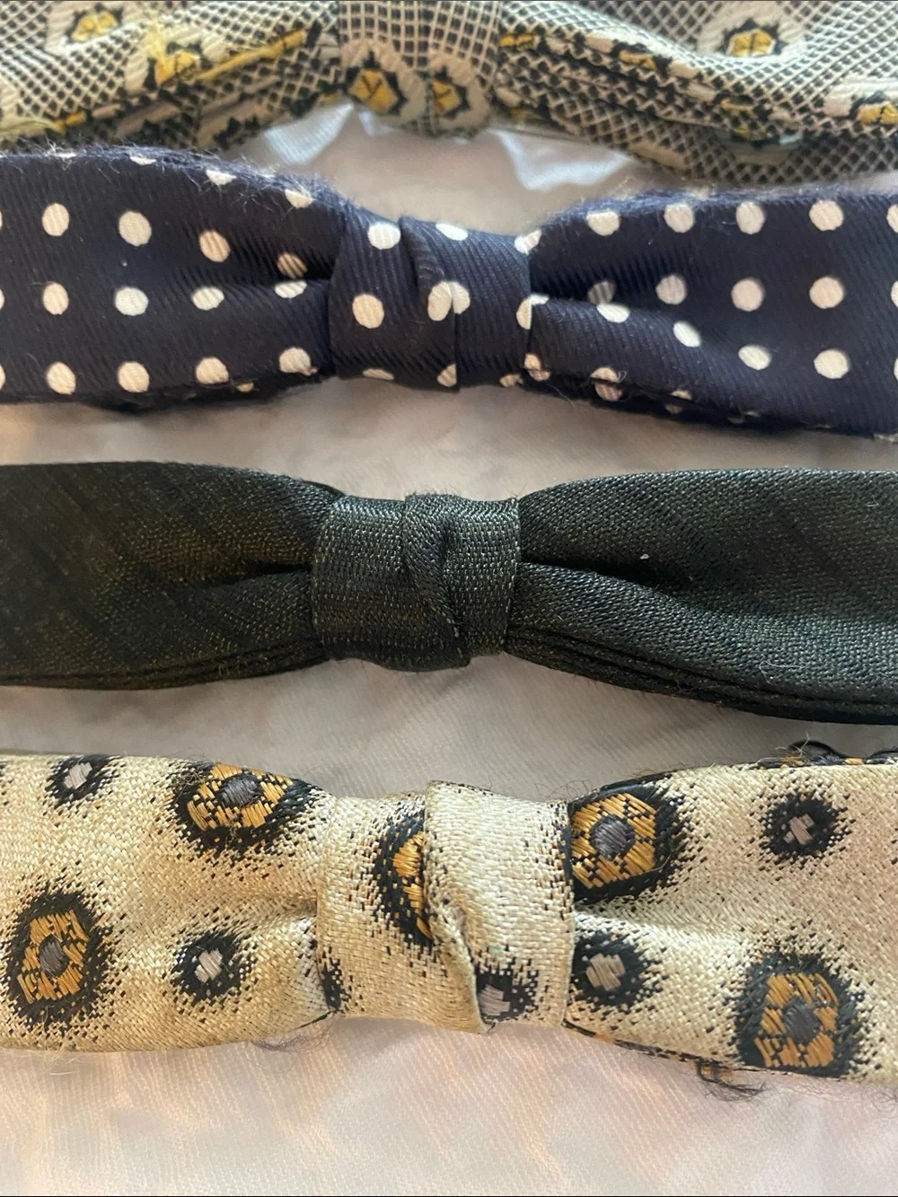 Vintage Men's Bow Ties Set - Navy Polka Dot, Black, Patterned Gold/Beige Retro